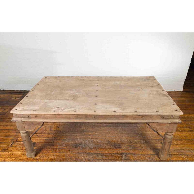 Indian Dining Table with Distressed Patina, Iron Details and Baluster Legs-YN7121-10. Asian & Chinese Furniture, Art, Antiques, Vintage Home Décor for sale at FEA Home