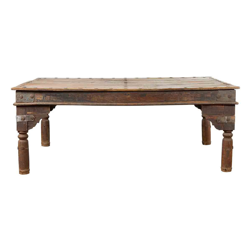 Indian Wood Dining Table with Distressed Patina, Iron Details and Baluster Legs- Asian Antiques, Vintage Home Decor & Chinese Furniture - FEA Home