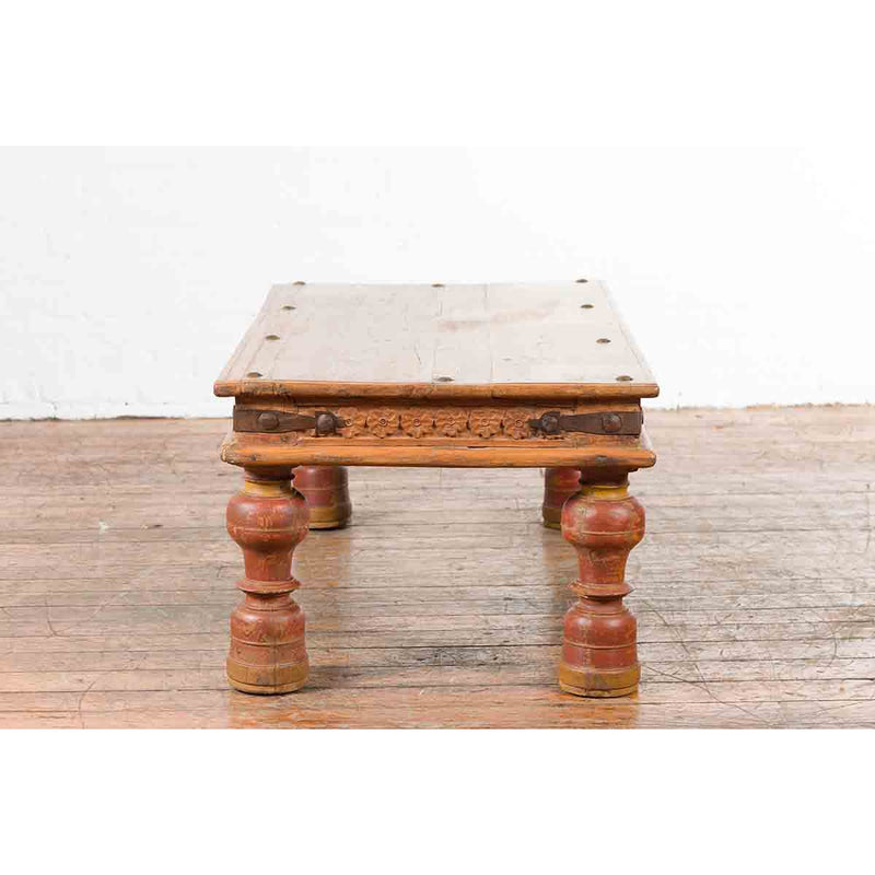 Indian 19th Century Coffee Table with Carved Floral Frieze and Baluster Legs