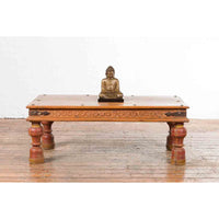 Indian 19th Century Coffee Table with Carved Floral Frieze and Baluster Legs