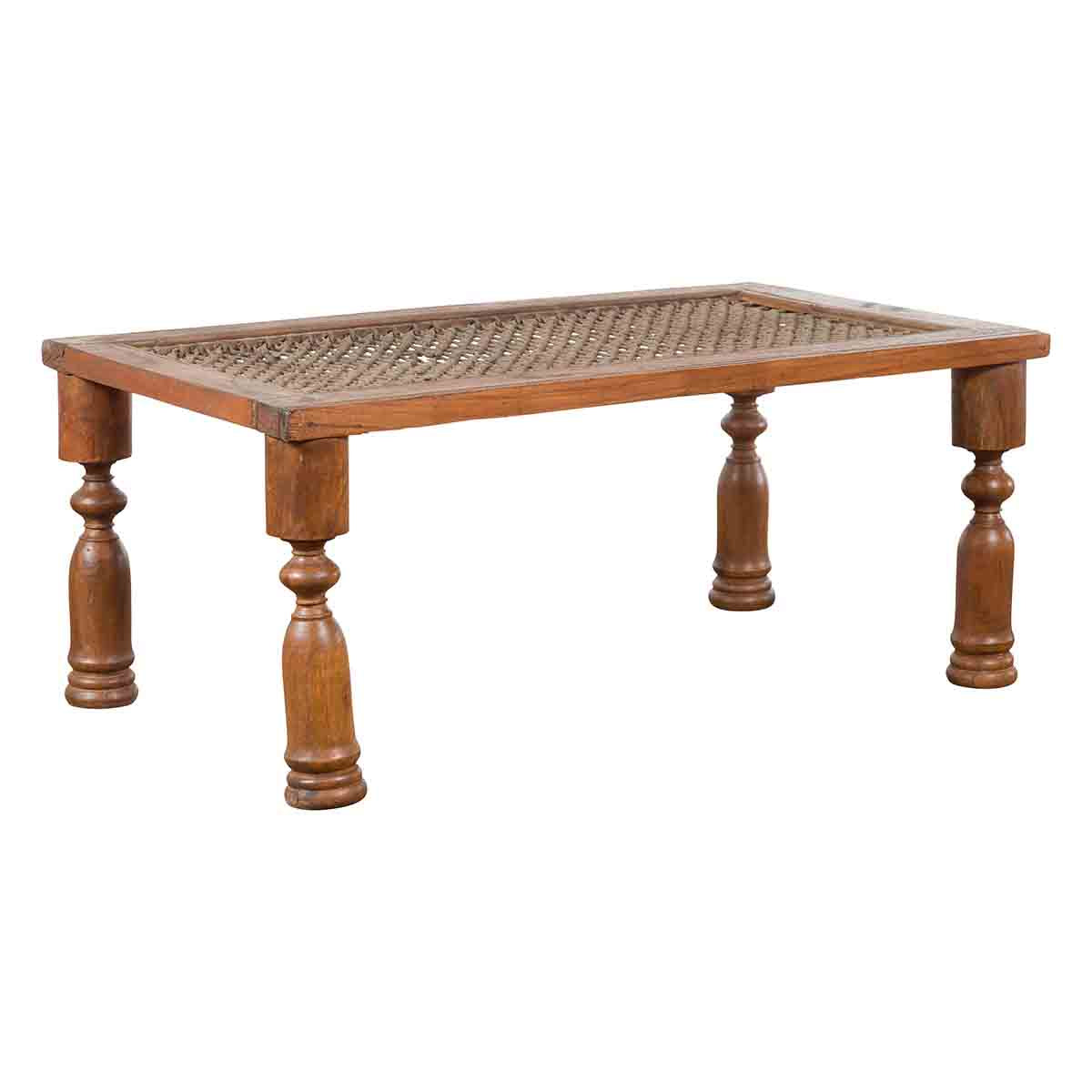 Indian Antique Window Grate Made into a Coffee Table with Turned Baluster Legs-1. Asian & Chinese Furniture, Art, Antiques, Vintage Home Décor for sale at FEA Home