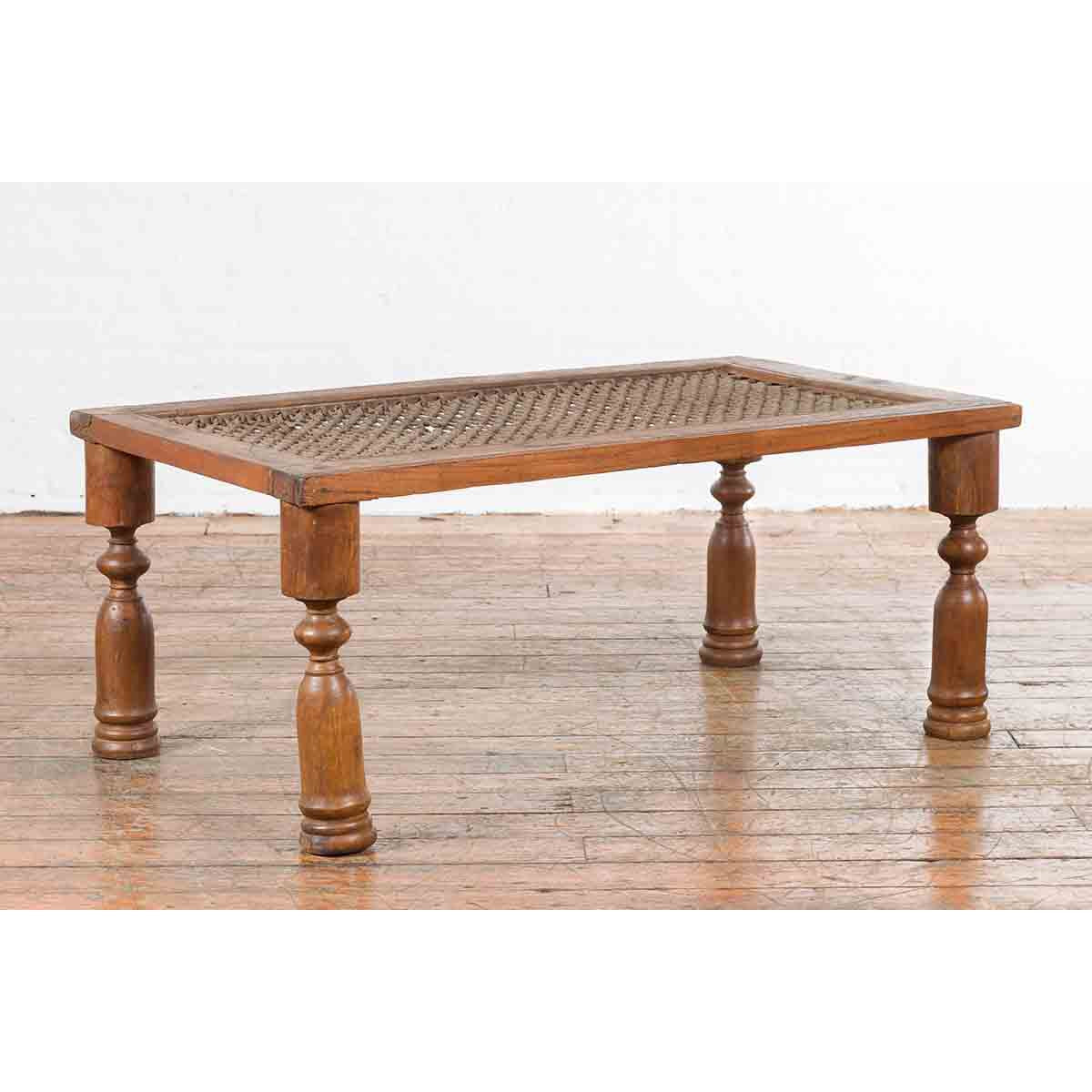 Indian Antique Window Grate Made into a Coffee Table with Turned Baluster Legs-2. Asian & Chinese Furniture, Art, Antiques, Vintage Home Décor for sale at FEA Home