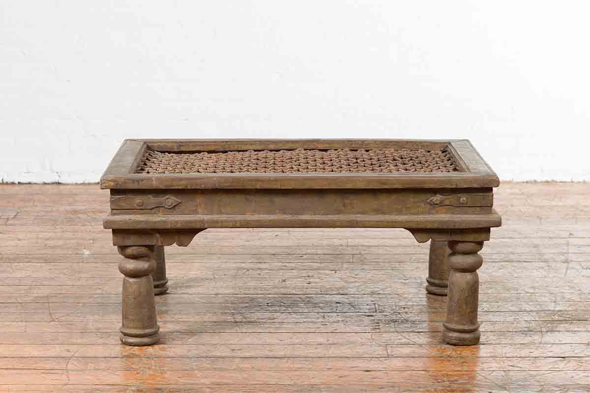 Antique Indian Metal Window Grill Made into Coffee Table with Baluster Legs-3. Asian &amp; Chinese Furniture, Art, Antiques, Vintage Home Décor for sale at FEA Home