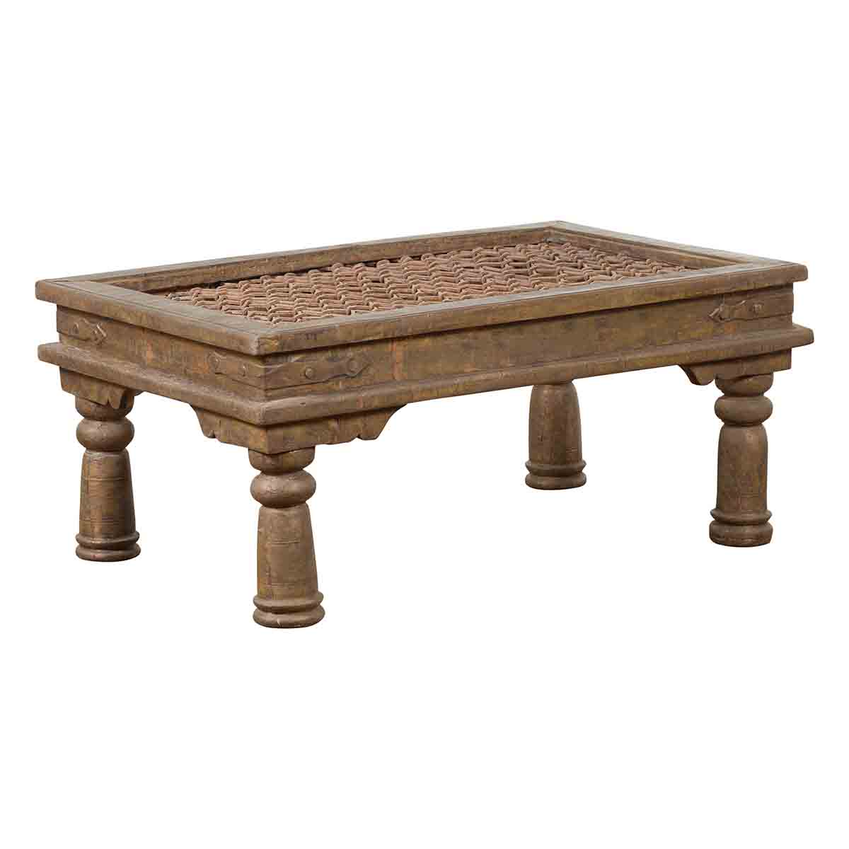 Antique Indian Metal Window Grill Made into Coffee Table with Baluster Legs-1. Asian & Chinese Furniture, Art, Antiques, Vintage Home Décor for sale at FEA Home