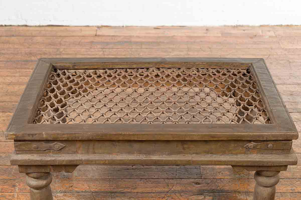 Antique Indian Metal Window Grill Made into Coffee Table with Baluster Legs-9. Asian &amp; Chinese Furniture, Art, Antiques, Vintage Home Décor for sale at FEA Home