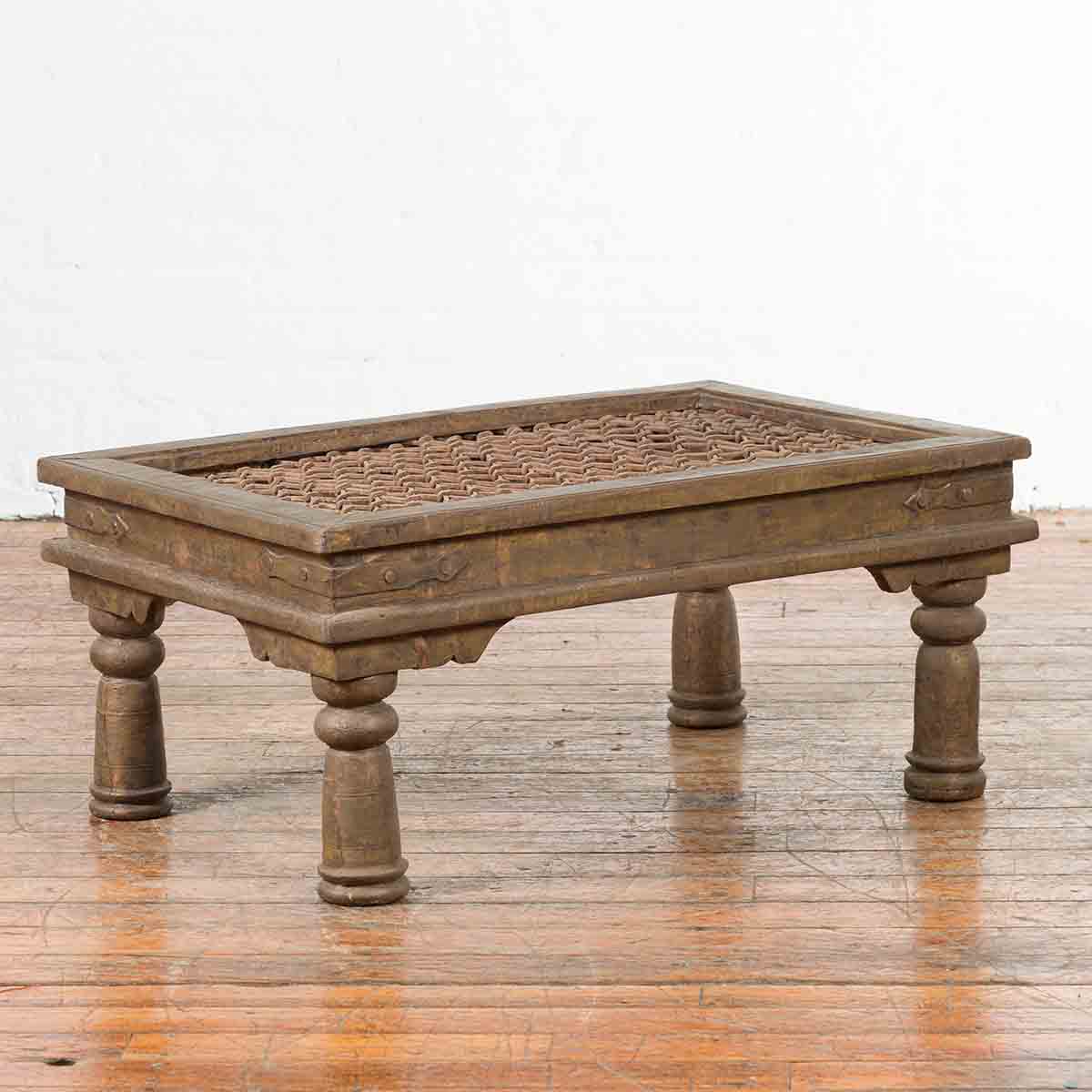 Antique Indian Metal Window Grill Made into Coffee Table with Baluster Legs-2. Asian & Chinese Furniture, Art, Antiques, Vintage Home Décor for sale at FEA Home