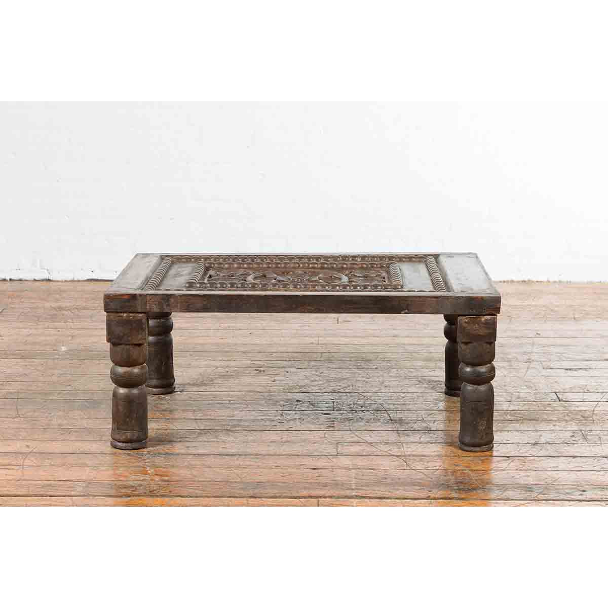 Indian 19th Century Small Wooden Coffee Table with Carved Floral Motifs-3. Asian &amp; Chinese Furniture, Art, Antiques, Vintage Home Décor for sale at FEA Home