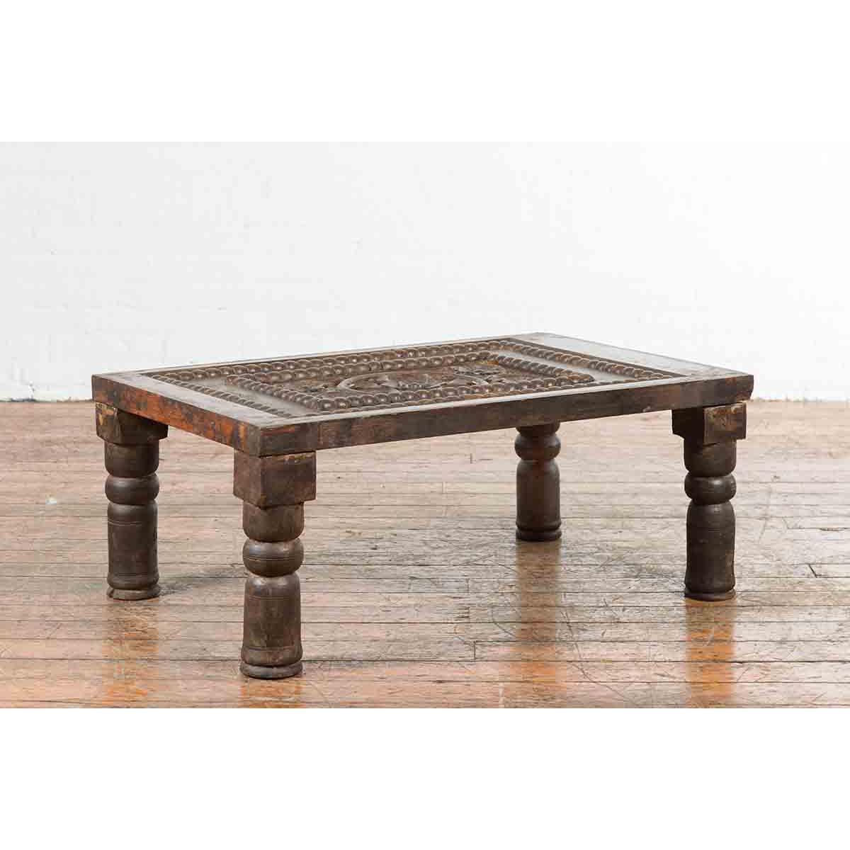 Indian 19th Century Small Wooden Coffee Table with Carved Floral Motifs-2. Asian & Chinese Furniture, Art, Antiques, Vintage Home Décor for sale at FEA Home