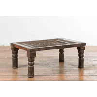 Indian 19th Century Small Wooden Coffee Table with Carved Floral Motifs