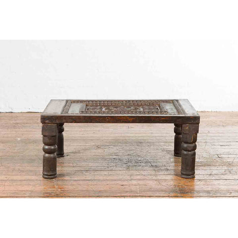 Indian 19th Century Small Wooden Coffee Table with Carved Floral Motifs