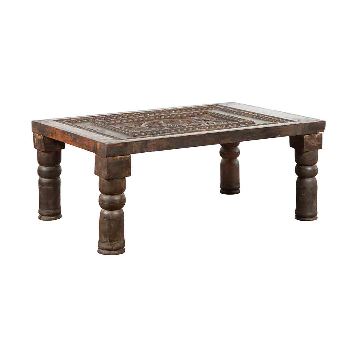 Indian 19th Century Small Wooden Coffee Table with Carved Floral Motifs-1. Asian & Chinese Furniture, Art, Antiques, Vintage Home Décor for sale at FEA Home