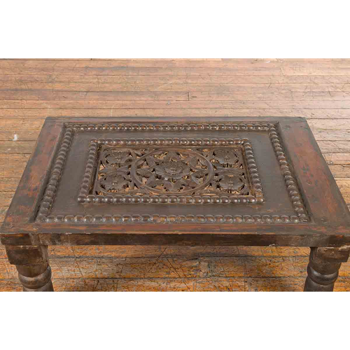 Indian 19th Century Small Wooden Coffee Table with Carved Floral Motifs-10. Asian &amp; Chinese Furniture, Art, Antiques, Vintage Home Décor for sale at FEA Home