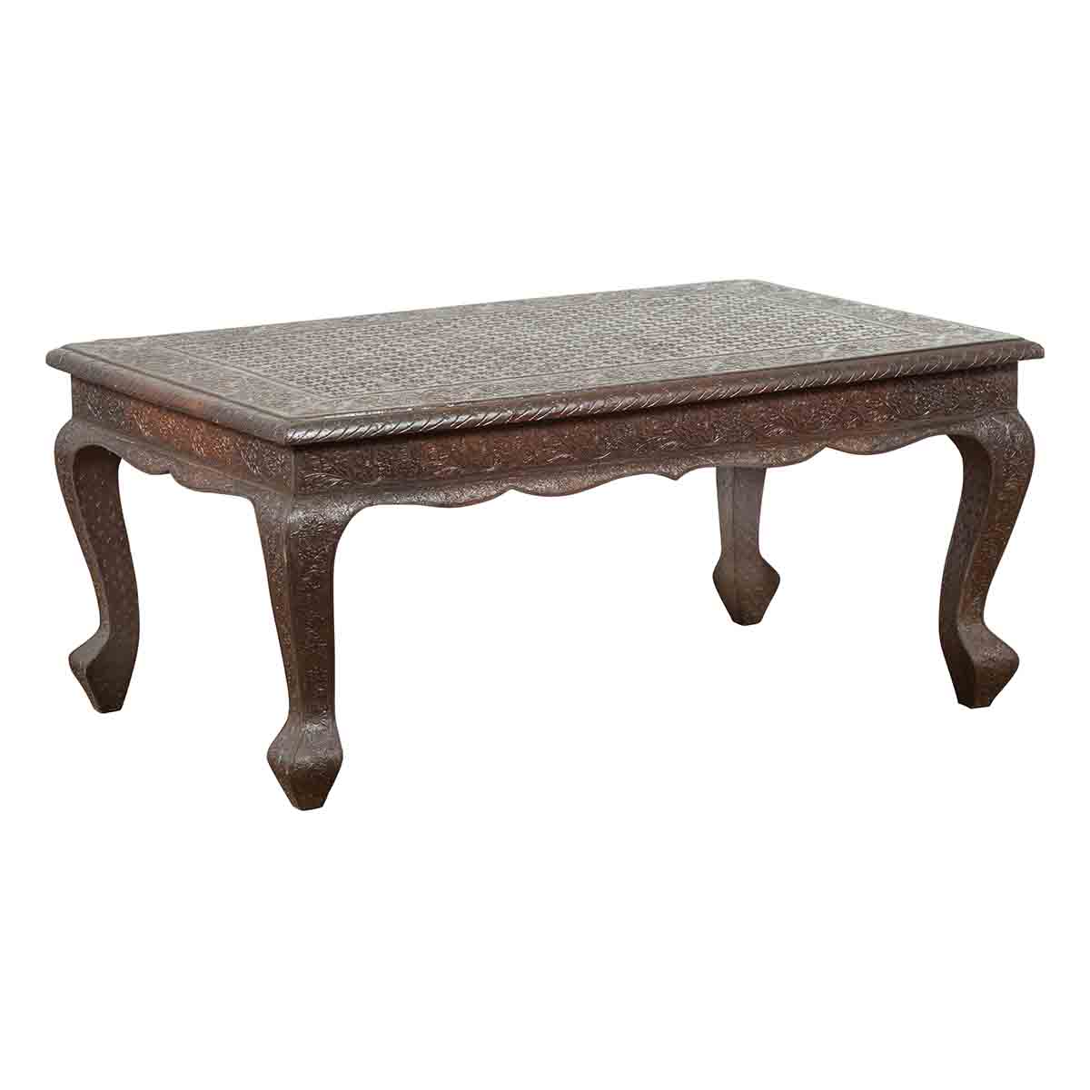 Vintage Indian Coffee Table with Embossed Floral Design and Cabriole Legs-1. Asian & Chinese Furniture, Art, Antiques, Vintage Home Décor for sale at FEA Home