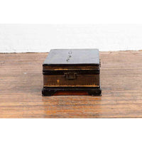 Chinese Qing Dynasty 19th Century Black Lacquer Blanket Chest with Rattan Inlay
