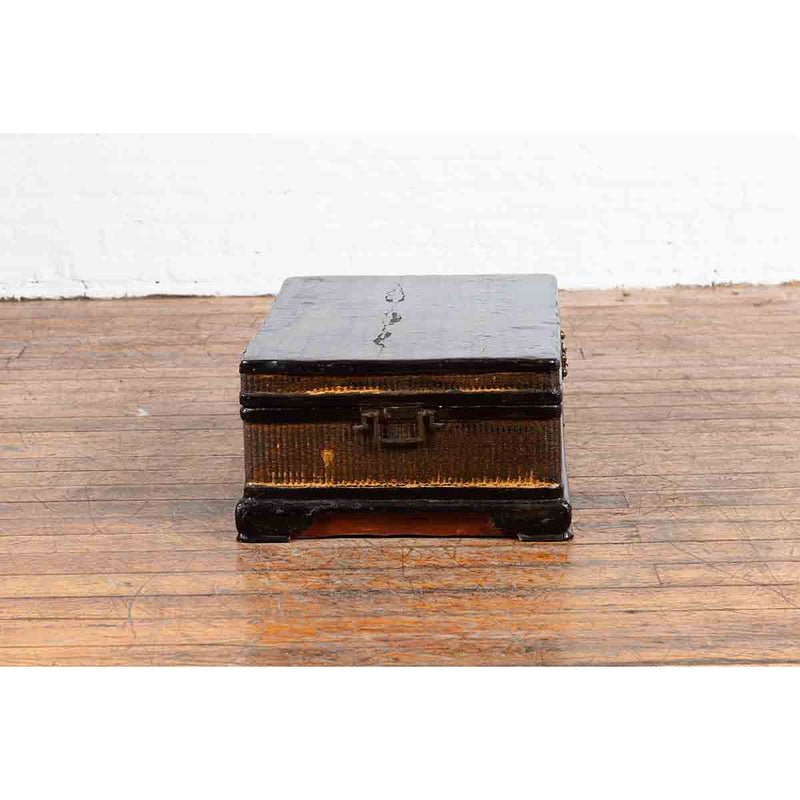 Chinese Qing Dynasty 19th Century Black Lacquer Blanket Chest with Rattan Inlay