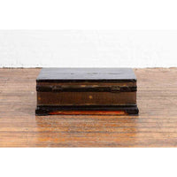 Chinese Qing Dynasty 19th Century Black Lacquer Blanket Chest with Rattan Inlay