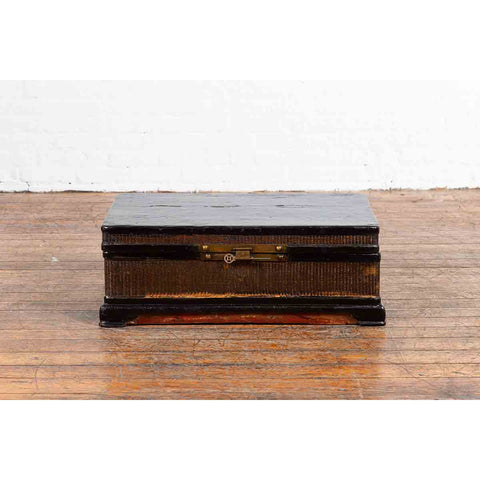 Chinese Qing Dynasty 19th Century Black Lacquer Blanket Chest with Rattan Inlay