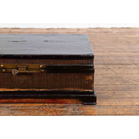 Chinese Qing Dynasty 19th Century Black Lacquer Blanket Chest with Rattan Inlay