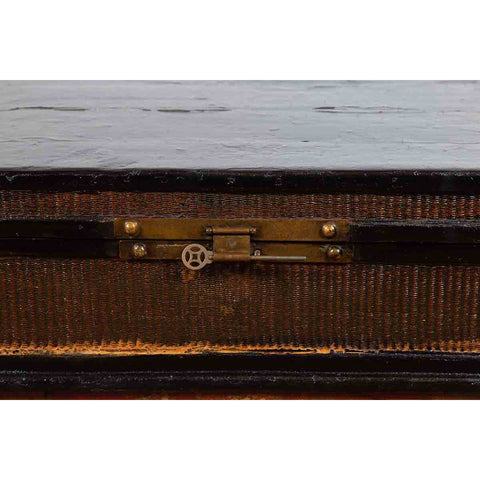 Chinese Qing Dynasty 19th Century Black Lacquer Blanket Chest with Rattan Inlay