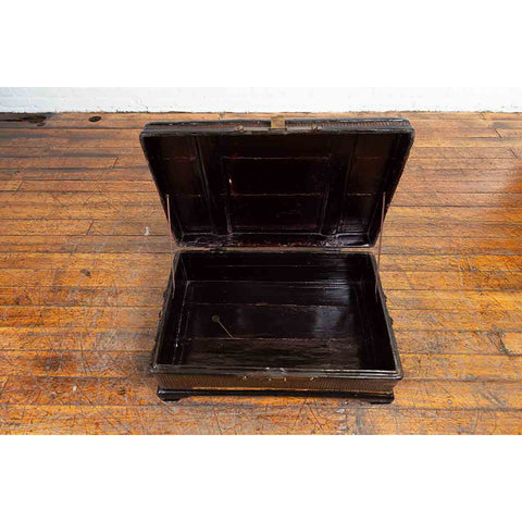 Chinese Qing Dynasty 19th Century Black Lacquer Blanket Chest with Rattan Inlay