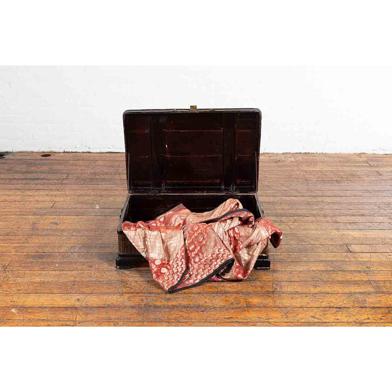 Chinese Qing Dynasty 19th Century Black Lacquer Blanket Chest with Rattan Inlay