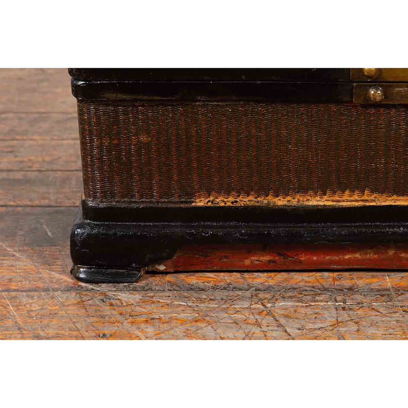 Chinese Qing Dynasty 19th Century Black Lacquer Blanket Chest with Rattan Inlay