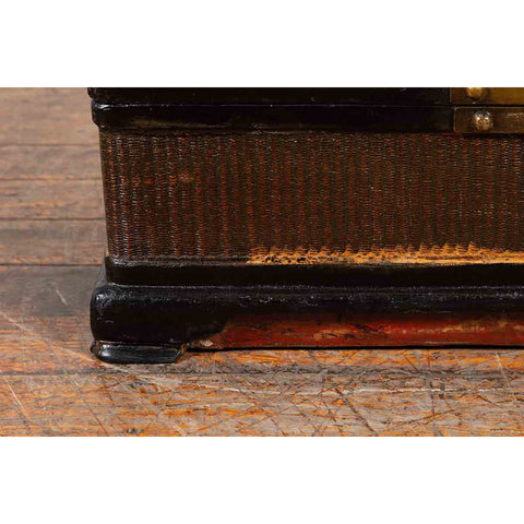 Chinese Qing Dynasty 19th Century Black Lacquer Blanket Chest with Rattan Inlay