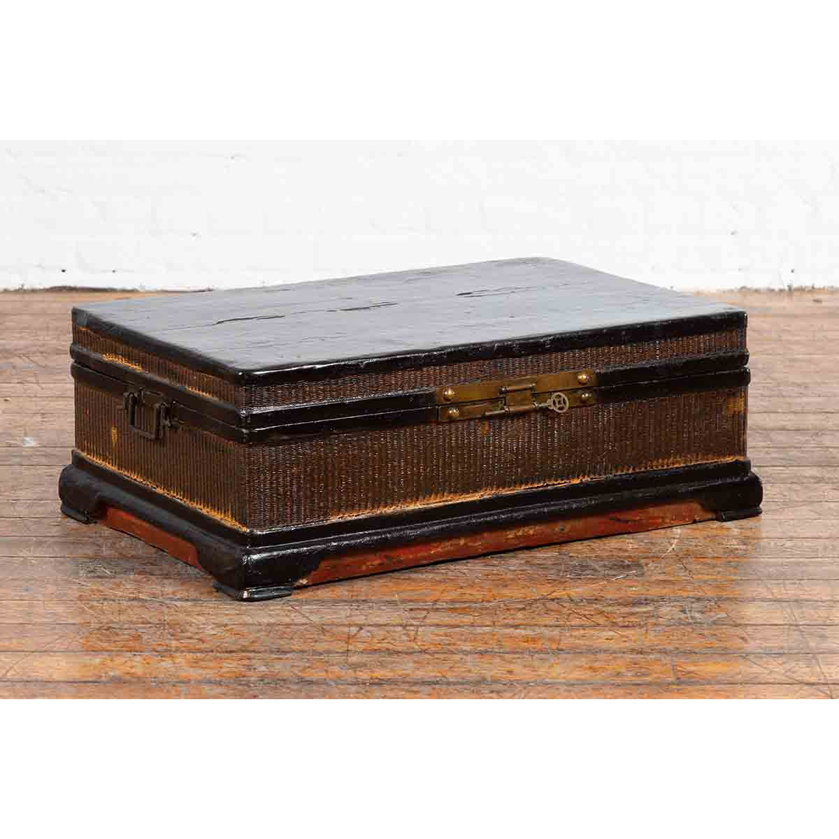 Chinese Qing Dynasty 19th Century Black Lacquer Blanket Chest with Rattan Inlay-2. Asian & Chinese Furniture, Art, Antiques, Vintage Home Décor for sale at FEA Home