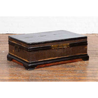 Chinese Qing Dynasty 19th Century Black Lacquer Blanket Chest with Rattan Inlay