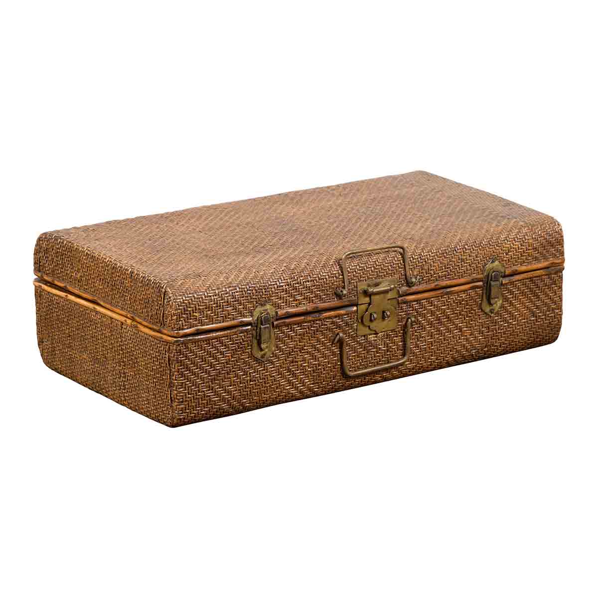 Indian Vintage Bamboo and Woven Rattan Suitcase with Brass Hardware-1. Asian & Chinese Furniture, Art, Antiques, Vintage Home Décor for sale at FEA Home