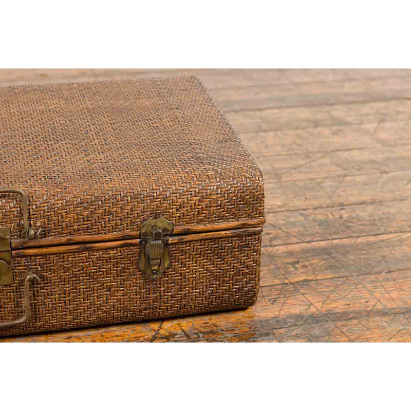 Indian Vintage Bamboo and Woven Rattan Suitcase with Brass Hardware
