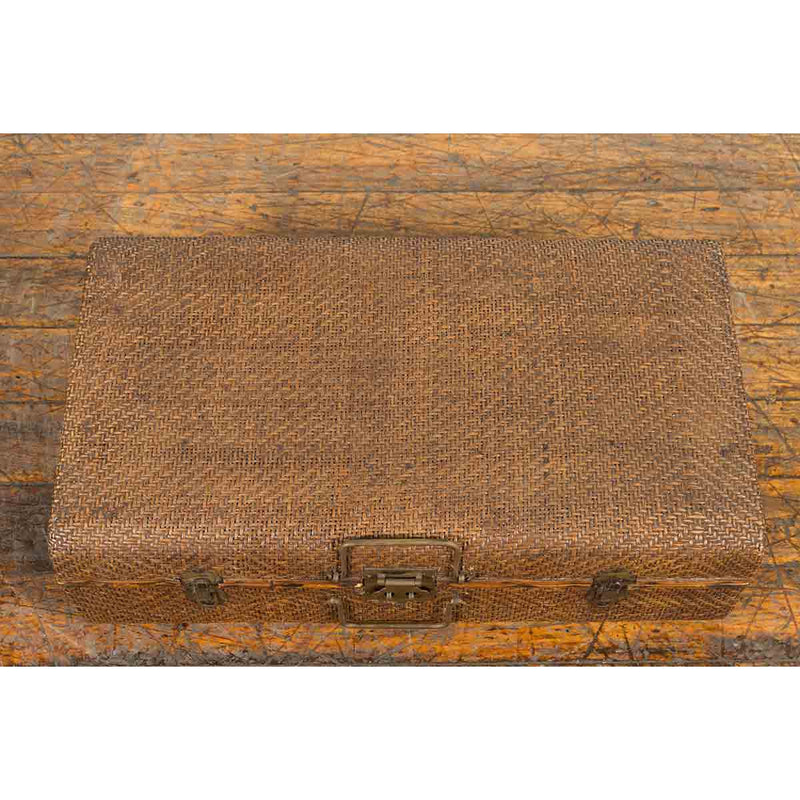 Indian Vintage Bamboo and Woven Rattan Suitcase with Brass Hardware
