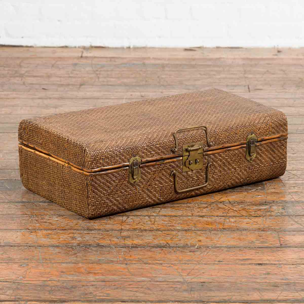 Indian Vintage Bamboo and Woven Rattan Suitcase with Brass Hardware-2. Asian & Chinese Furniture, Art, Antiques, Vintage Home Décor for sale at FEA Home