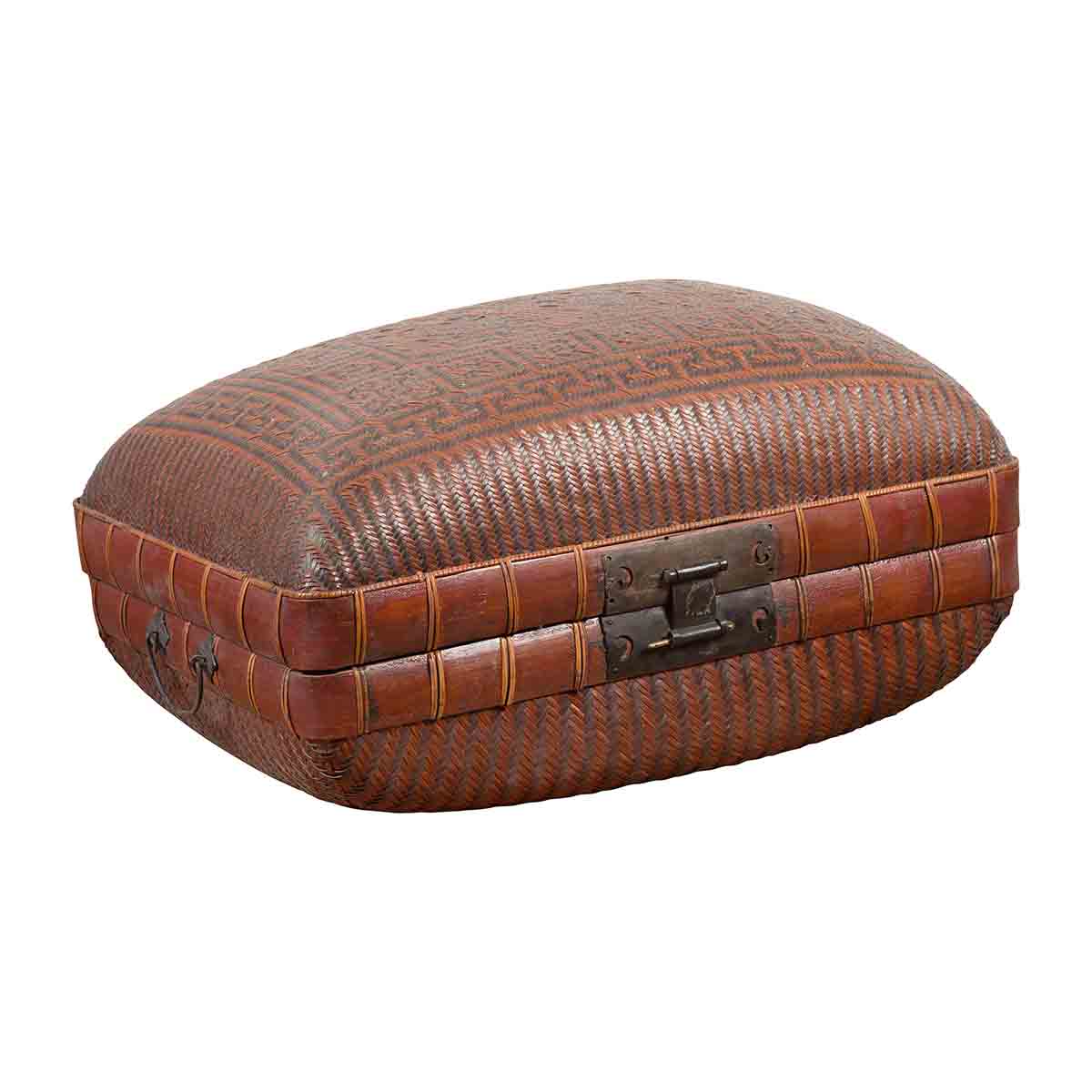 Vintage Chinese Woven Rattan and Bamboo Pillow Basket with Geometric Décor-1. Asian & Chinese Furniture, Art, Antiques, Vintage Home Décor for sale at FEA Home