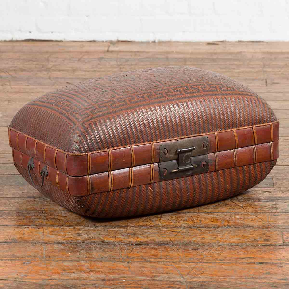 Vintage Chinese Woven Rattan and Bamboo Pillow Basket with Geometric Décor-2. Asian & Chinese Furniture, Art, Antiques, Vintage Home Décor for sale at FEA Home