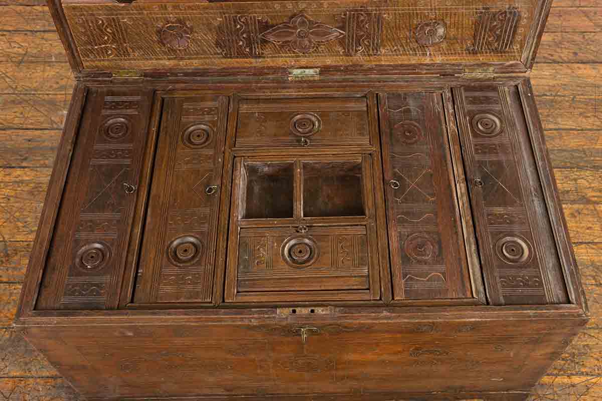 Indian Vintage Wedding Chest with Brass Foliage Décor and Multiple Compartments-7. Asian &amp; Chinese Furniture, Art, Antiques, Vintage Home Décor for sale at FEA Home