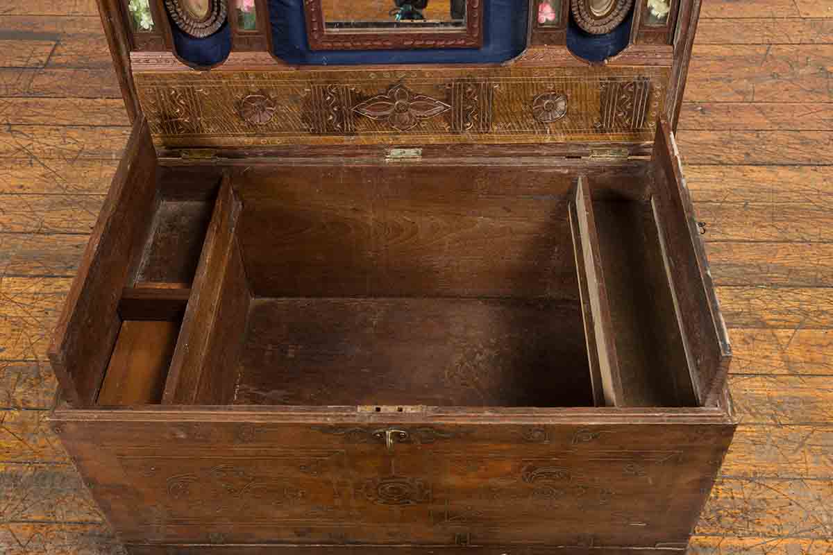 Indian Vintage Wedding Chest with Brass Foliage Décor and Multiple Compartments-8. Asian &amp; Chinese Furniture, Art, Antiques, Vintage Home Décor for sale at FEA Home