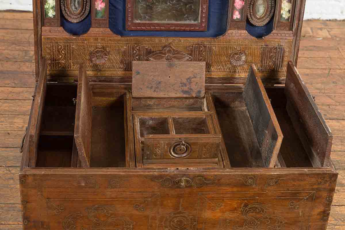 Indian Vintage Wedding Chest with Brass Foliage Décor and Multiple Compartments-9. Asian &amp; Chinese Furniture, Art, Antiques, Vintage Home Décor for sale at FEA Home