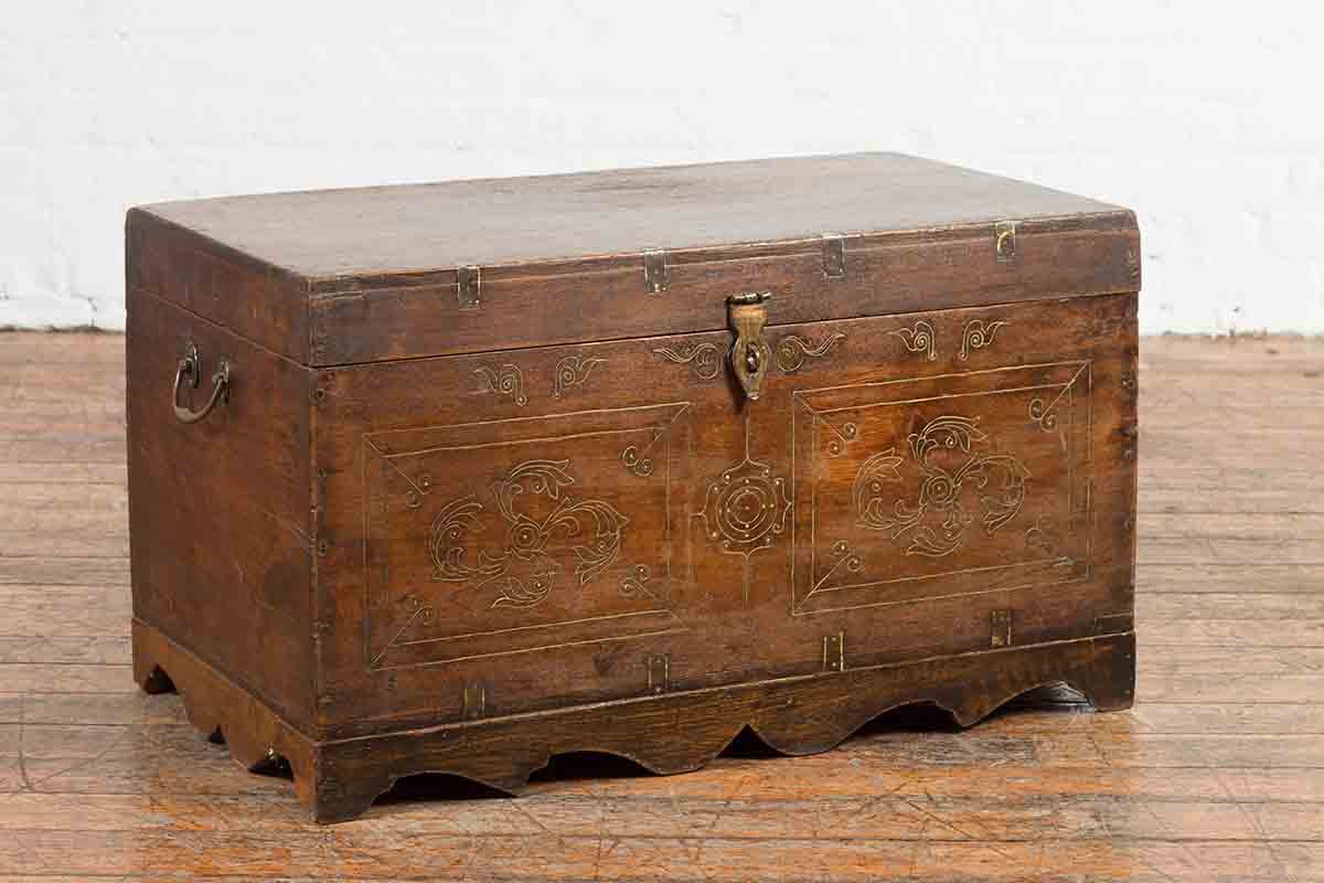 Indian Vintage Wedding Chest with Brass Foliage Décor and Multiple Compartments-2. Asian & Chinese Furniture, Art, Antiques, Vintage Home Décor for sale at FEA Home