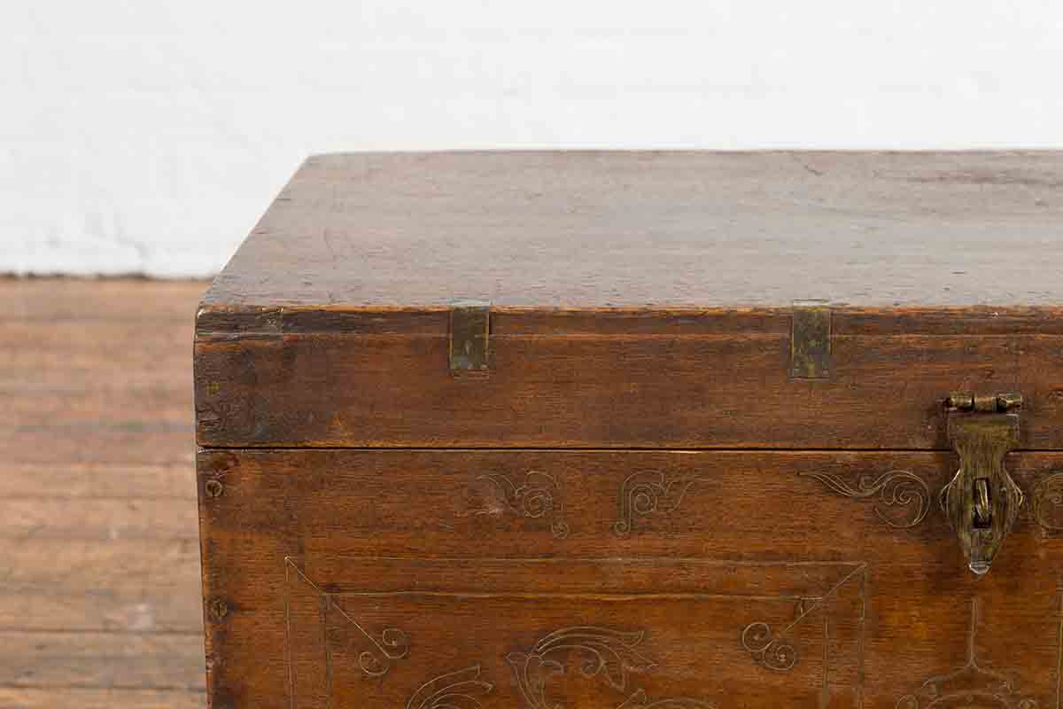 Indian Vintage Wedding Chest with Brass Foliage Décor and Multiple Compartments-10. Asian &amp; Chinese Furniture, Art, Antiques, Vintage Home Décor for sale at FEA Home