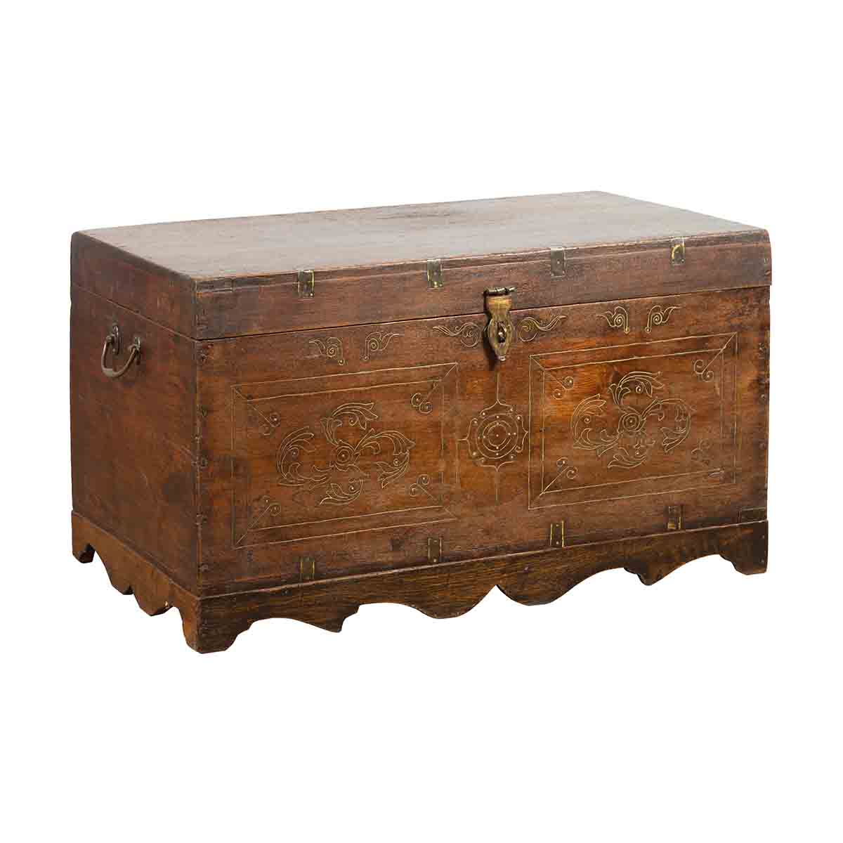 Indian Vintage Wedding Chest with Brass Foliage Décor and Multiple Compartments-1. Asian & Chinese Furniture, Art, Antiques, Vintage Home Décor for sale at FEA Home