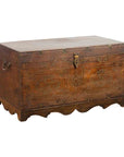 Brown wooden and brass wedding chest with intricate foliage décor and multiple compartments for jewelry.