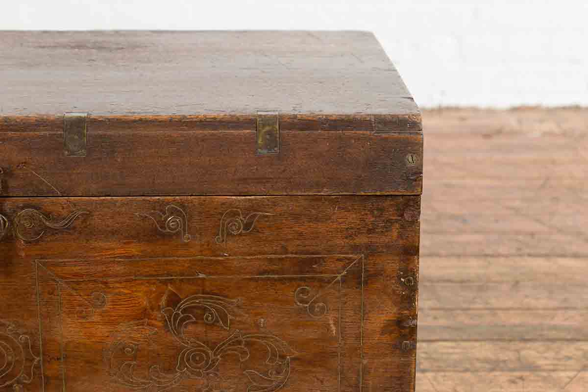 Indian Vintage Wedding Chest with Brass Foliage Décor and Multiple Compartments-12. Asian &amp; Chinese Furniture, Art, Antiques, Vintage Home Décor for sale at FEA Home