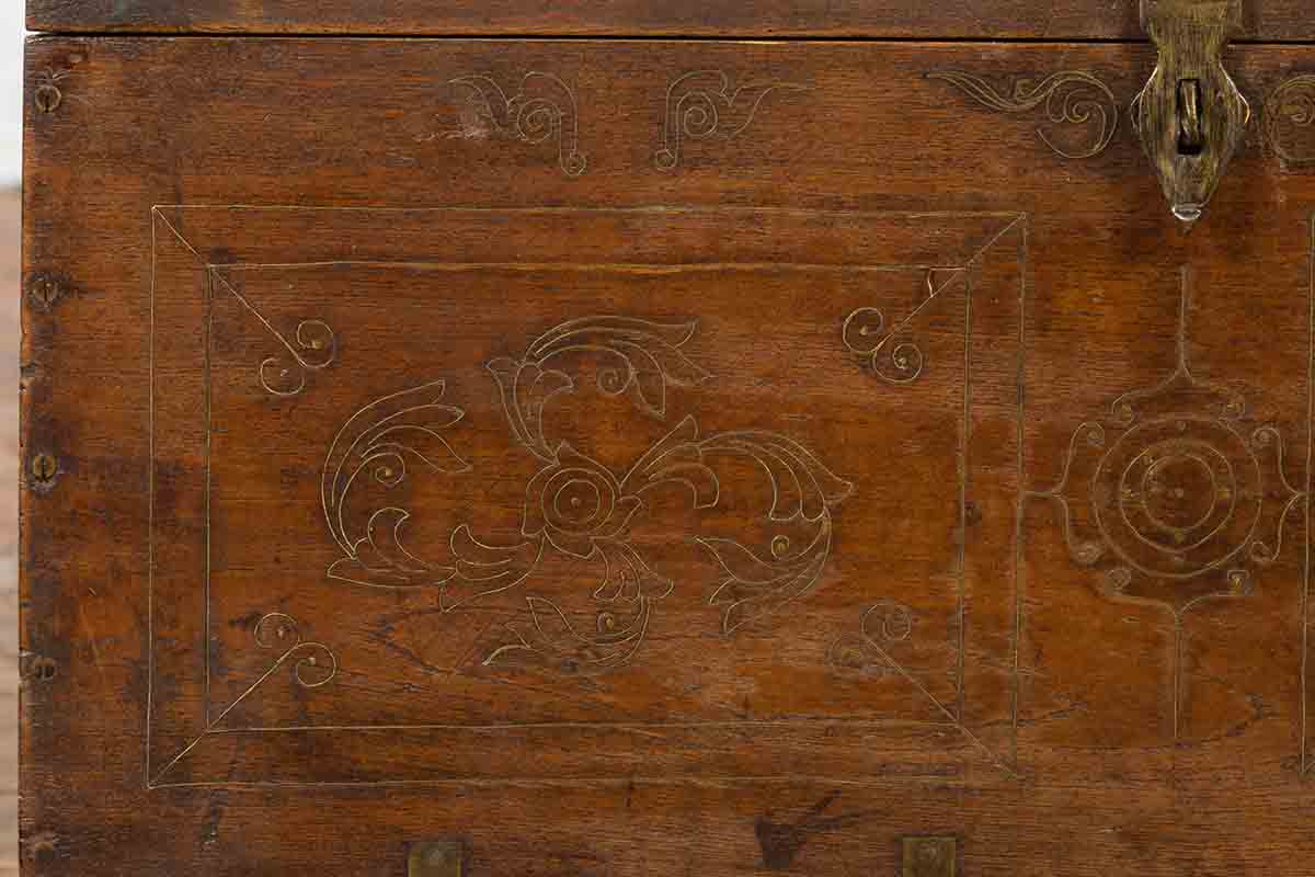 Indian Vintage Wedding Chest with Brass Foliage Décor and Multiple Compartments-14. Asian &amp; Chinese Furniture, Art, Antiques, Vintage Home Décor for sale at FEA Home