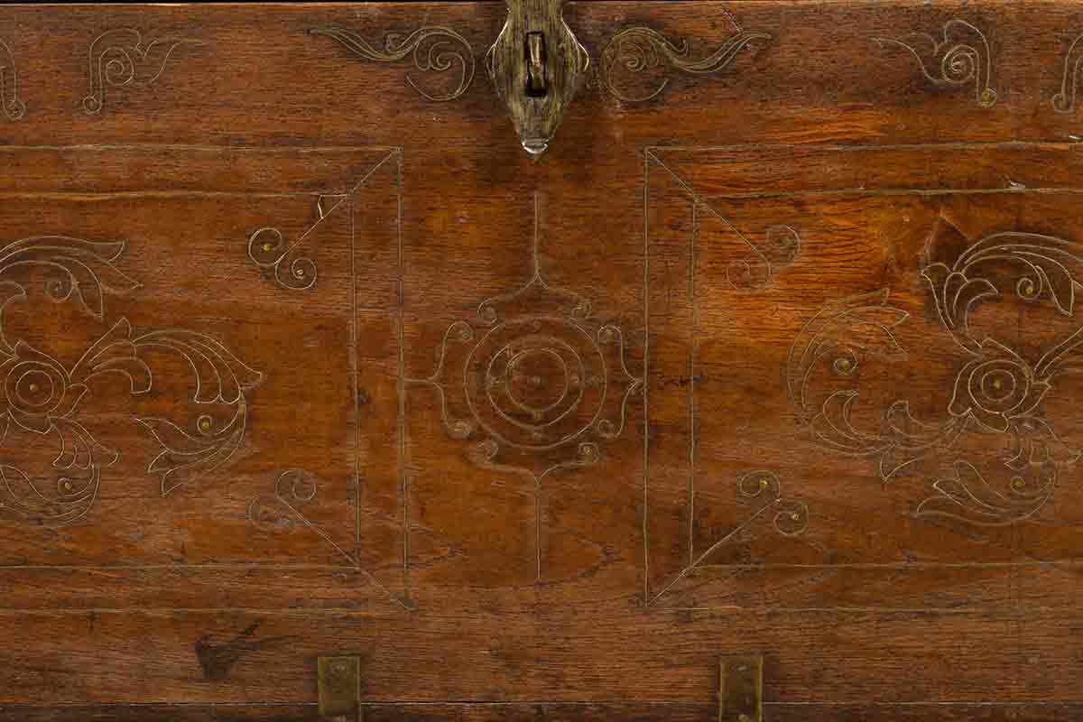 Indian Vintage Wedding Chest with Brass Foliage Décor and Multiple Compartments-15. Asian &amp; Chinese Furniture, Art, Antiques, Vintage Home Décor for sale at FEA Home