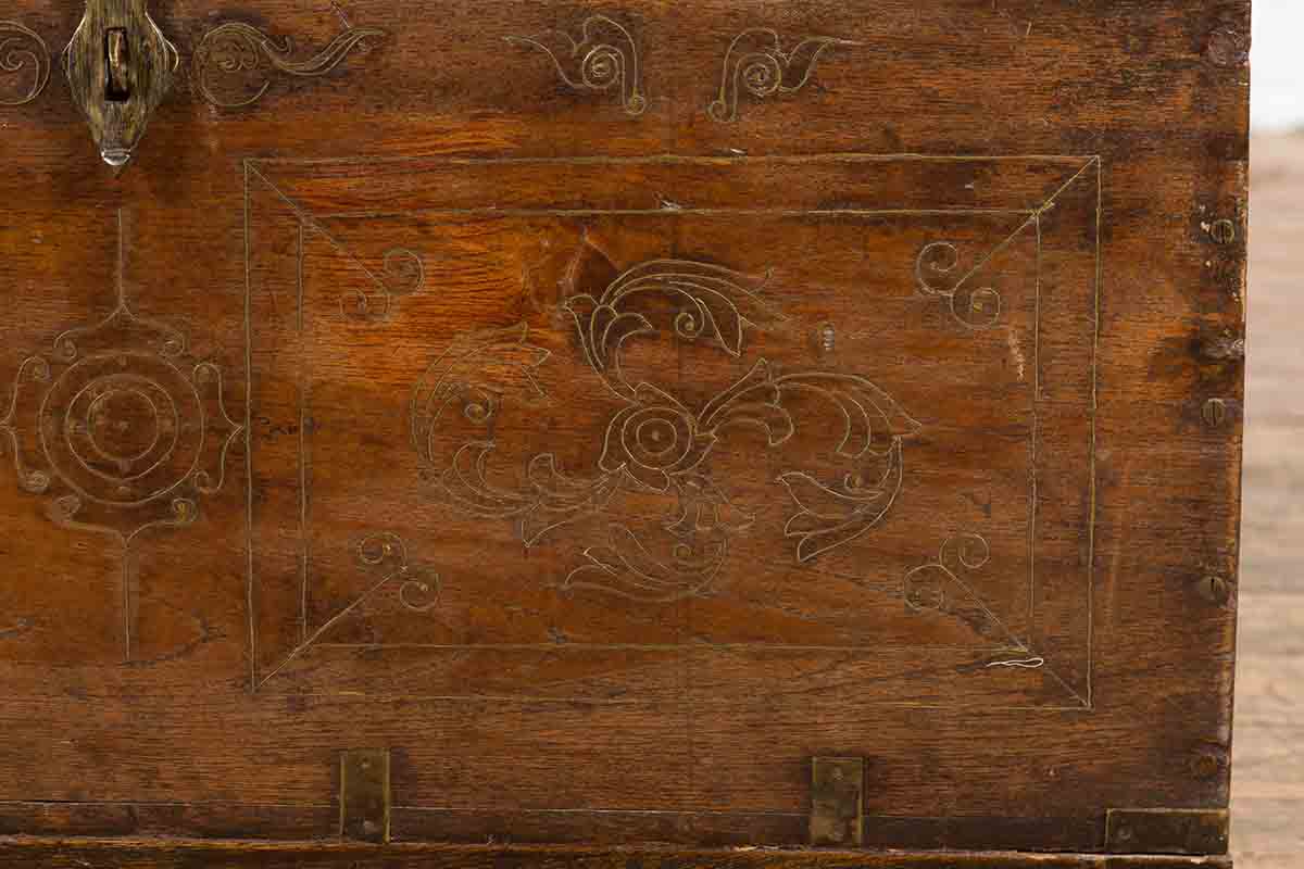 Indian Vintage Wedding Chest with Brass Foliage Décor and Multiple Compartments-16. Asian &amp; Chinese Furniture, Art, Antiques, Vintage Home Décor for sale at FEA Home