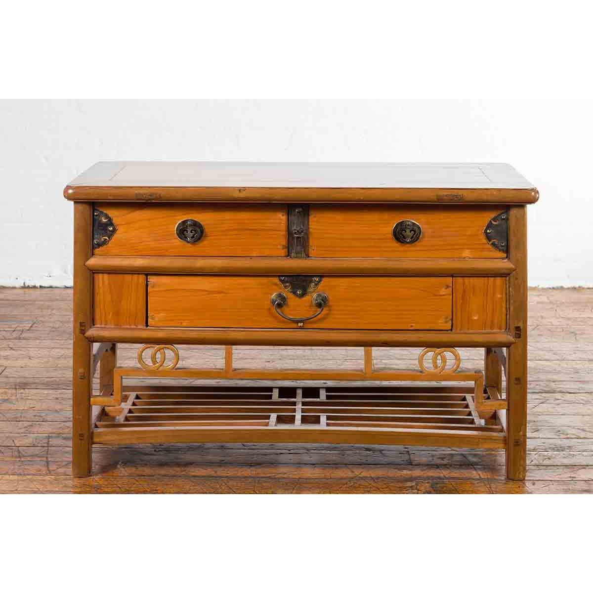 Chinese Early 20th Century Sideboard with Three Drawers and Natural Finish-2. Asian & Chinese Furniture, Art, Antiques, Vintage Home Décor for sale at FEA Home