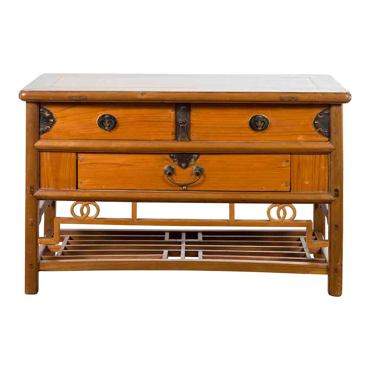 Chinese Early 20th Century Sideboard with Three Drawers and Natural Finish-1. Asian & Chinese Furniture, Art, Antiques, Vintage Home Décor for sale at FEA Home