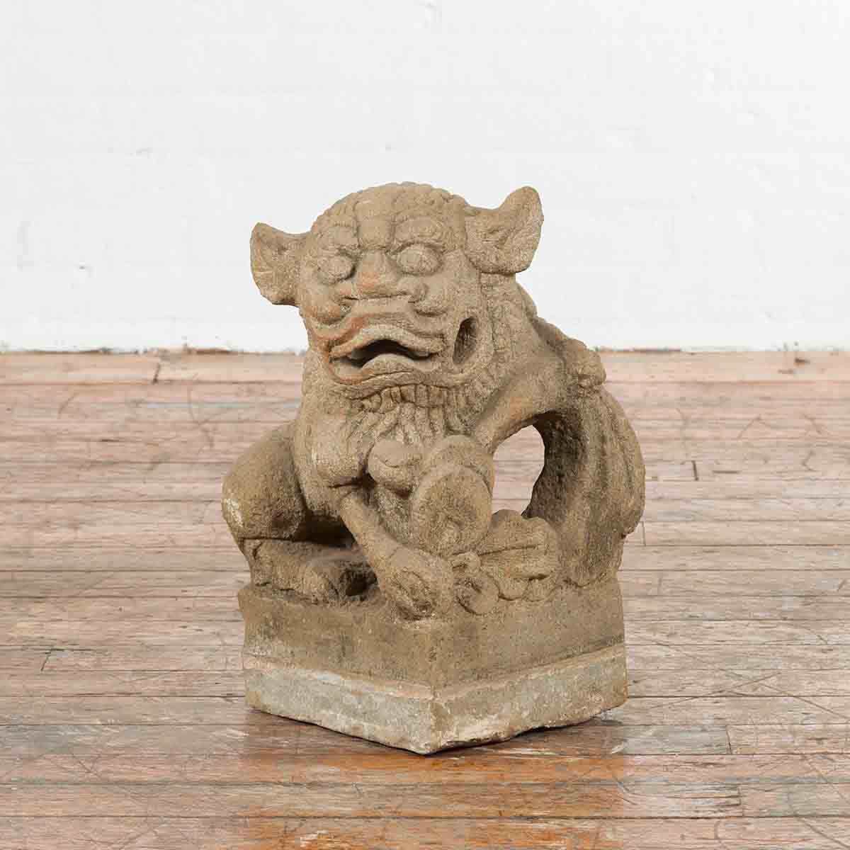 Chinese Qing Dynasty 19th Century Carved Stone Foo Dog Guardian Lion Sculpture-2. Asian & Chinese Furniture, Art, Antiques, Vintage Home Décor for sale at FEA Home