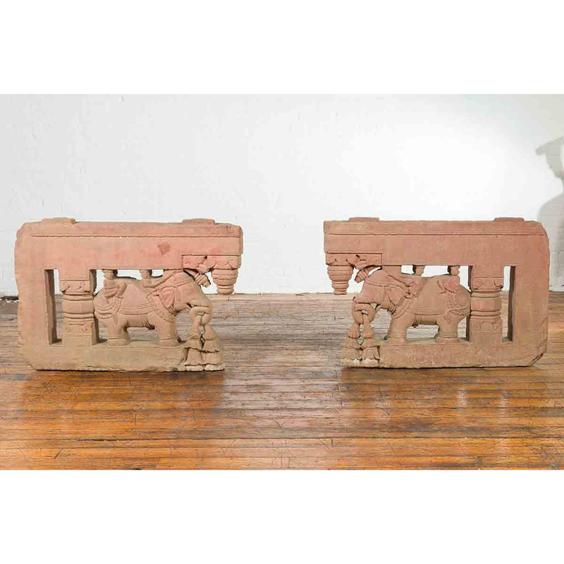 Pair of Antique Indian Carved Stone Bas-Reliefs Depicting Men Riding Elephants